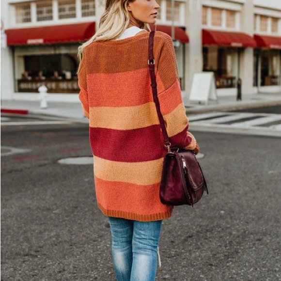 Autumn Colorblock boho Stripes Knit Open Front Cardigan Casual stripes - Picture 8 of 13